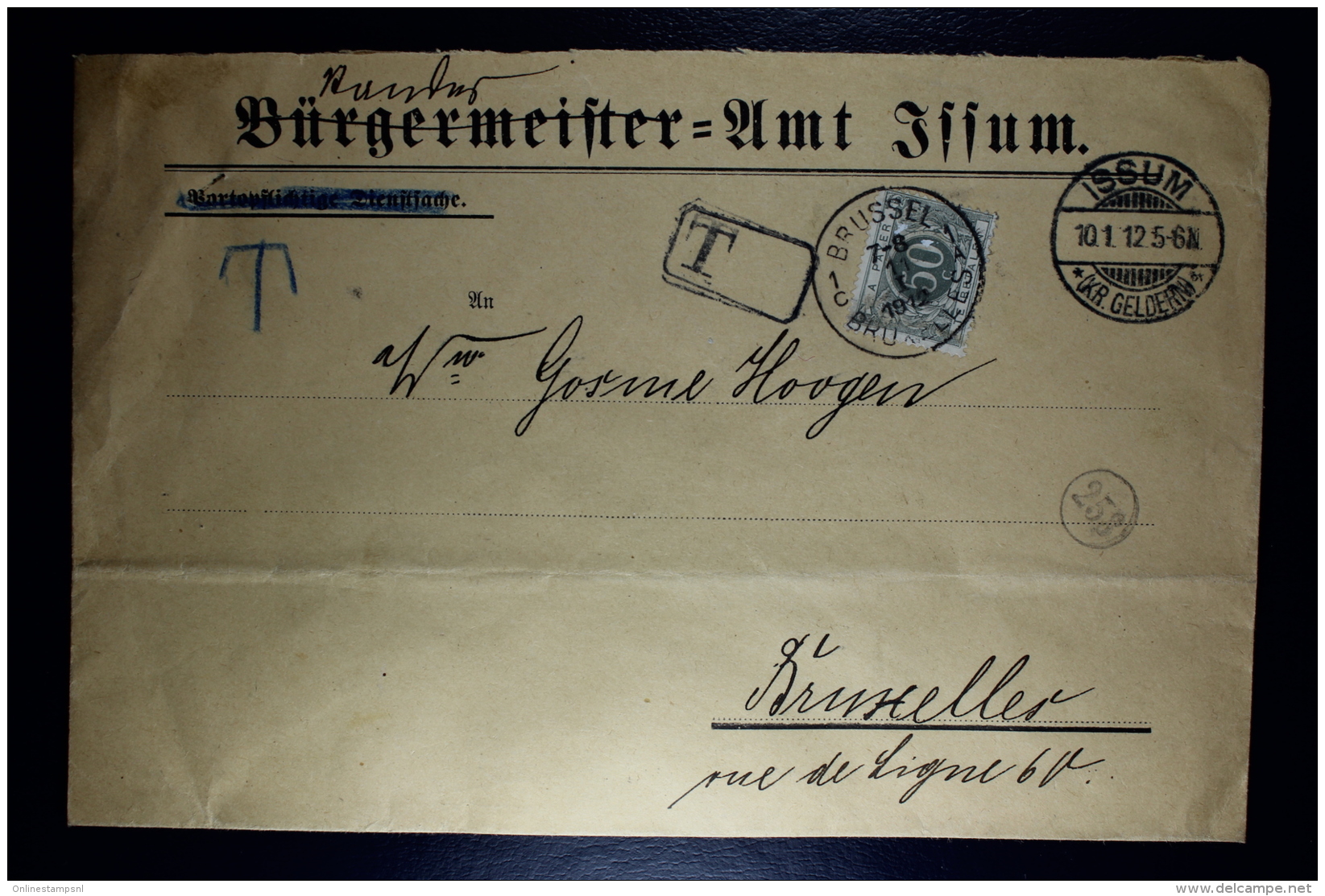 Belgium Cover Issum To  Brussels , 1912 OPB TX 9 - Briefe U. Dokumente