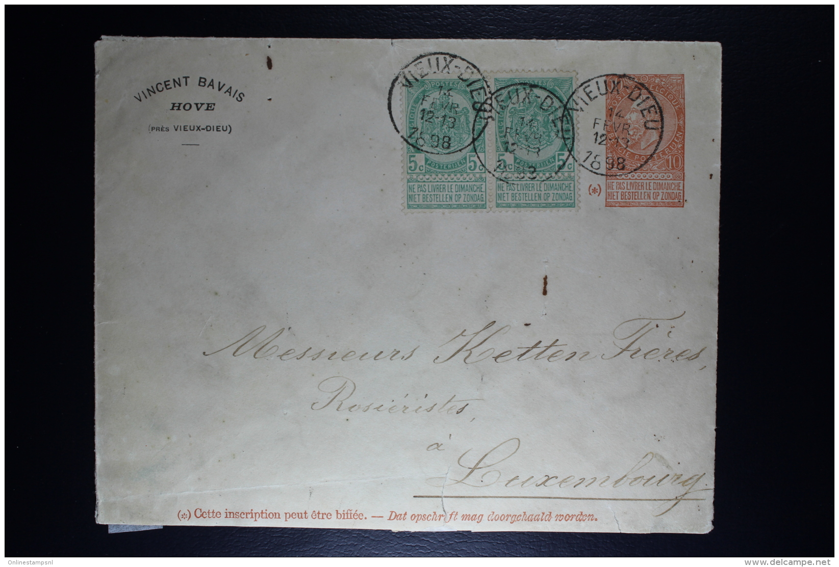 Belgium Private Printed Cover Vieux-Dieu To Luxemburg 1898   Uprated OPB  56 Strip - Enveloppes