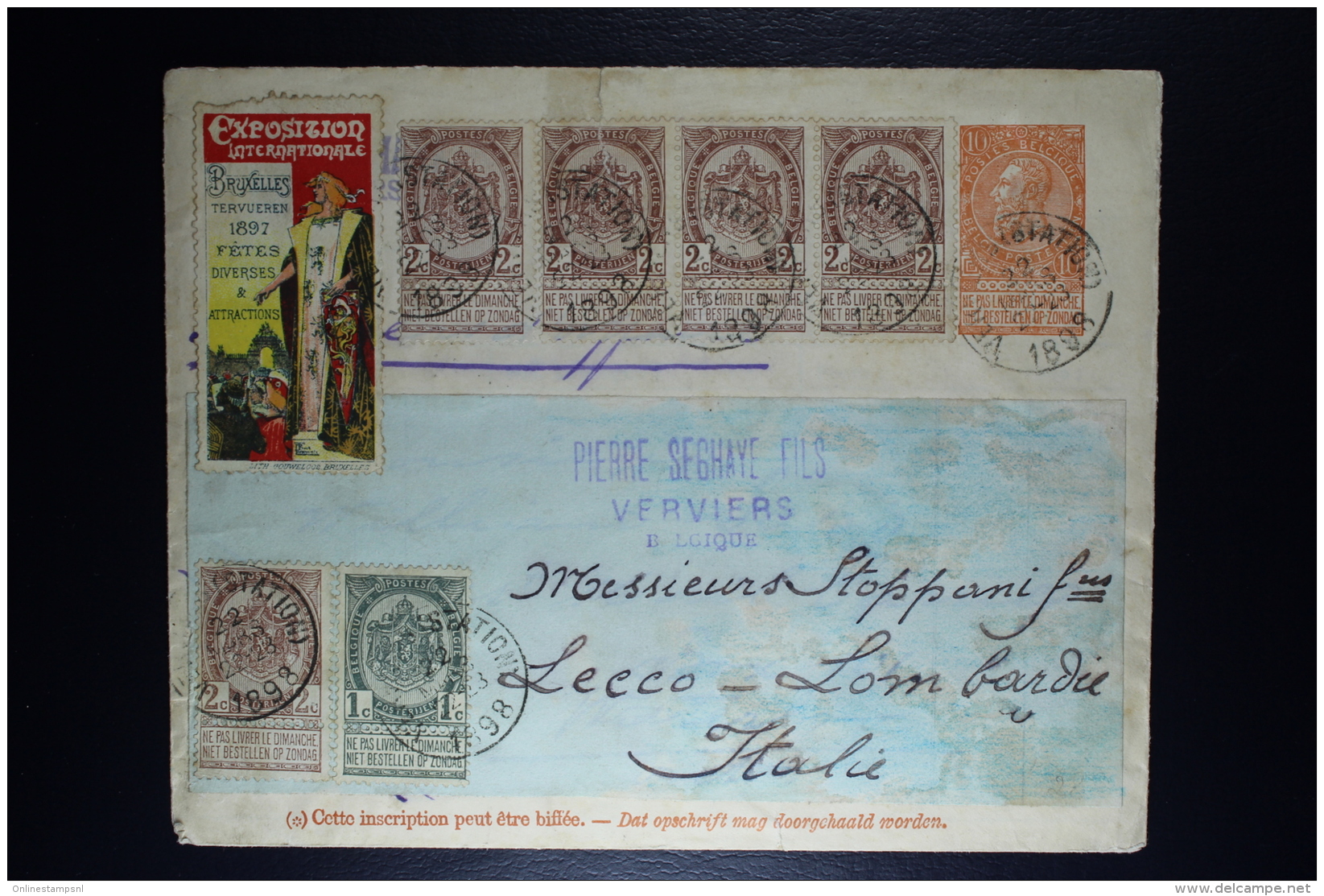 Belgium Cover Verviers Station To Lecco Itaky 1898   Uprated OPB  53 Strip Of 4 +1 1 X 53 - Briefe