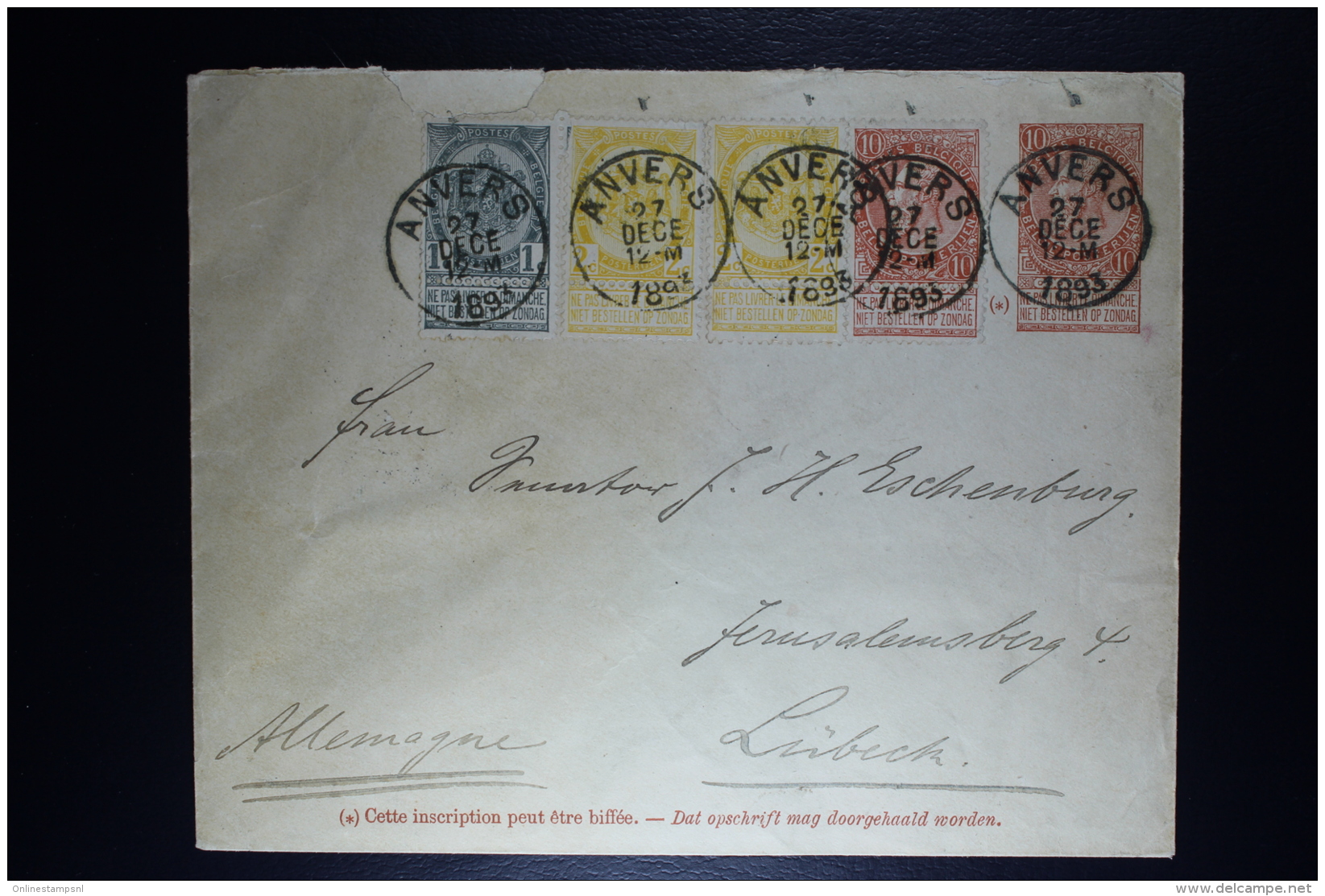 Belgium Cover Antwerp To Lubeck Germany 1893   Uprated OPB   53 + 54 +57    3 Color Franking - Enveloppes