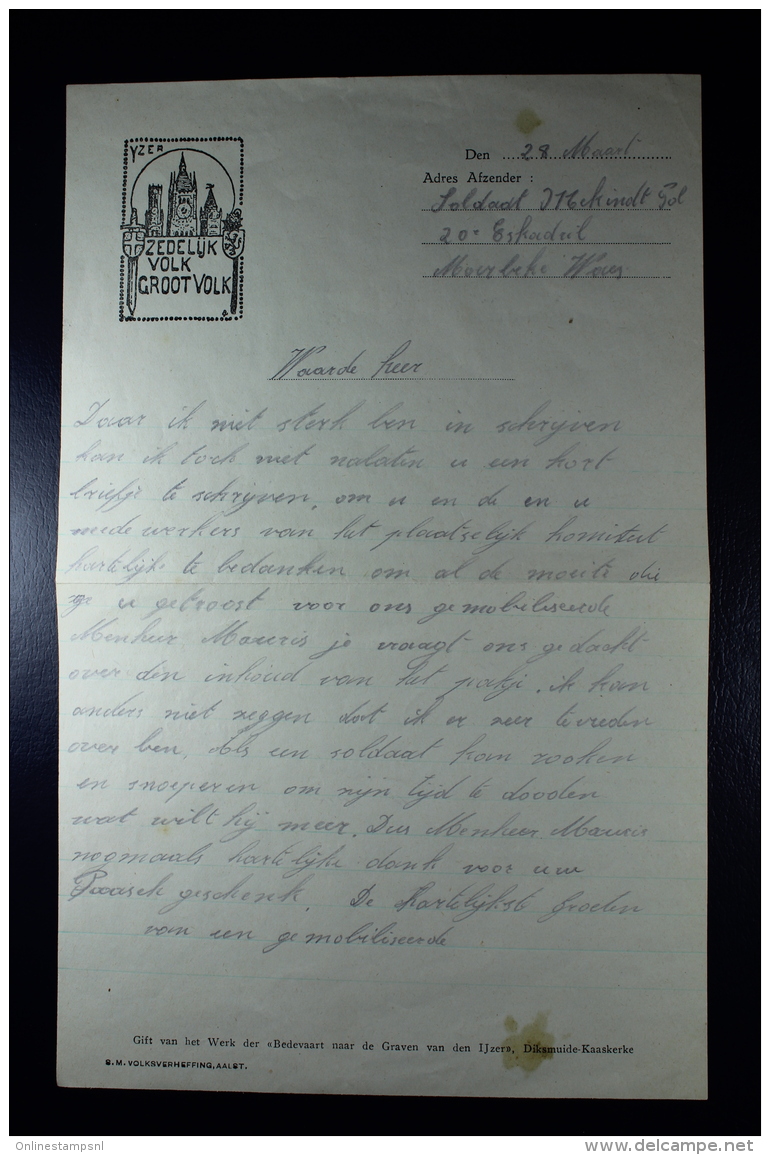 Belgium Special Letter Yzer Zedelijkheid Volk Groot Volk  From Front To Thank For Package Received At Front - Armée Belge