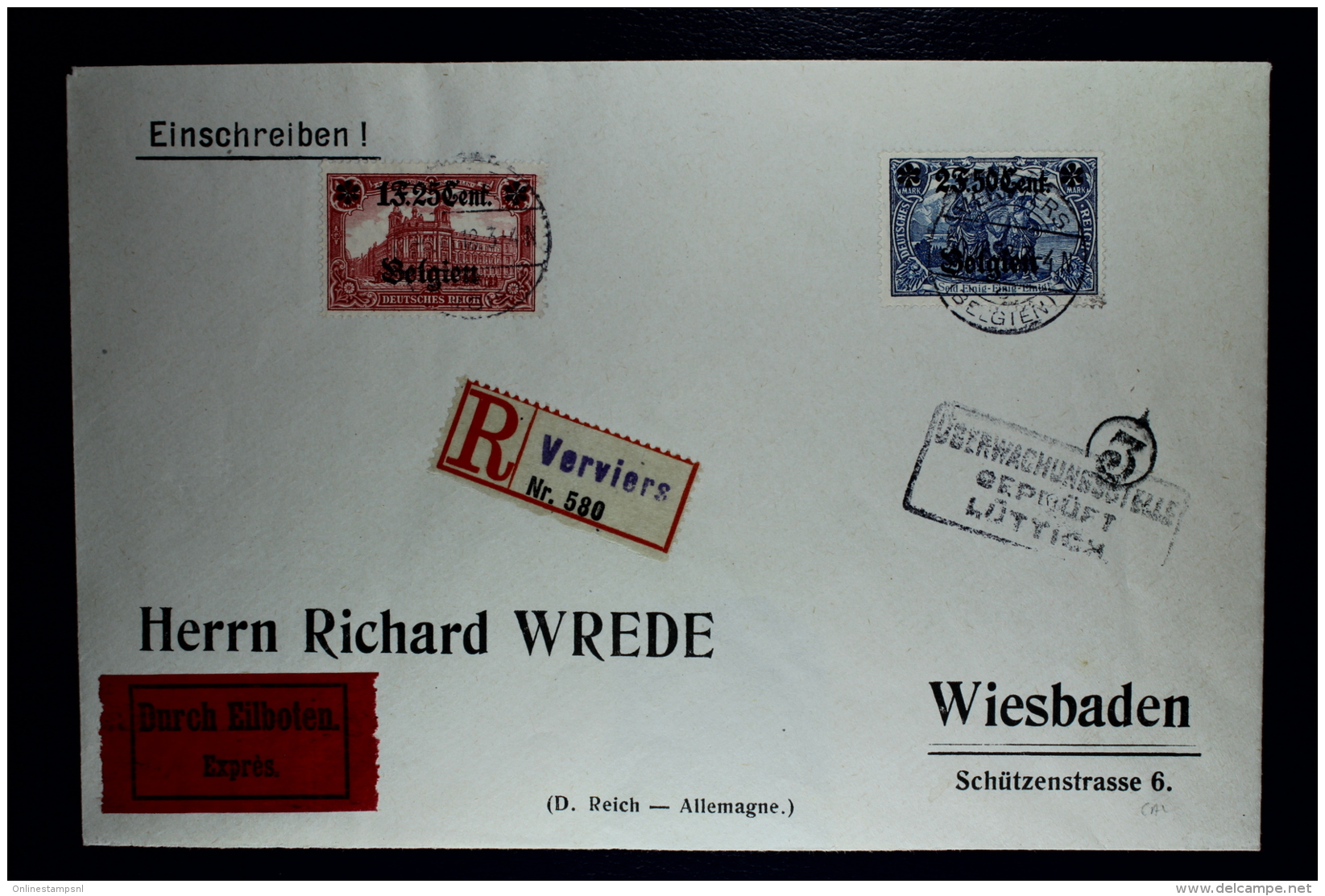 Reich Occupation Belgium Registered Expres Cover Verviers To Wiesbaden 1-11-1918 Mi Nr 8 + 9 - Besetzungen 1914-18