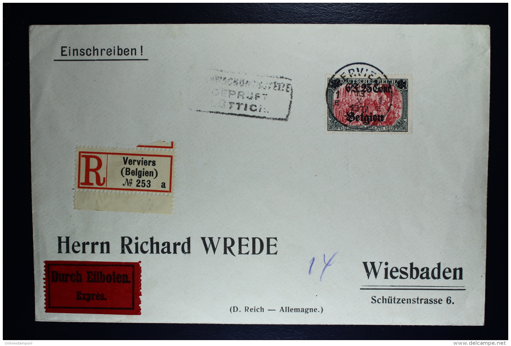 Reich Occupation Belgium Registered Expres Cover Verviers To Wiesbaden  13-10-1917  Mi Nr 25 I - Besetzungen 1914-18
