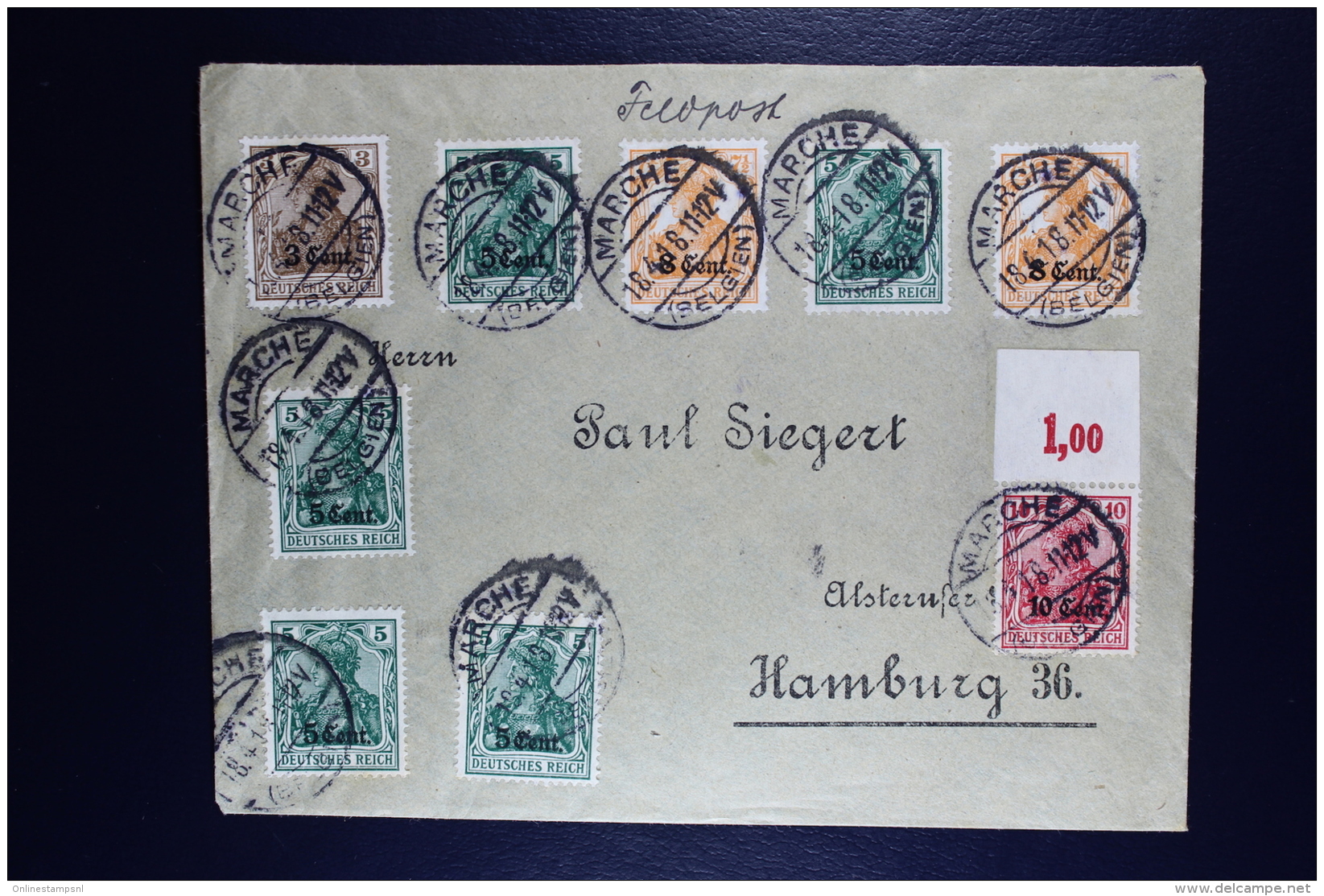 Reich Occupation Belgium Cover Marche To Hamburg Mi Nr 1 + 2 + 3 + 4    1918 - Besetzungen 1914-18