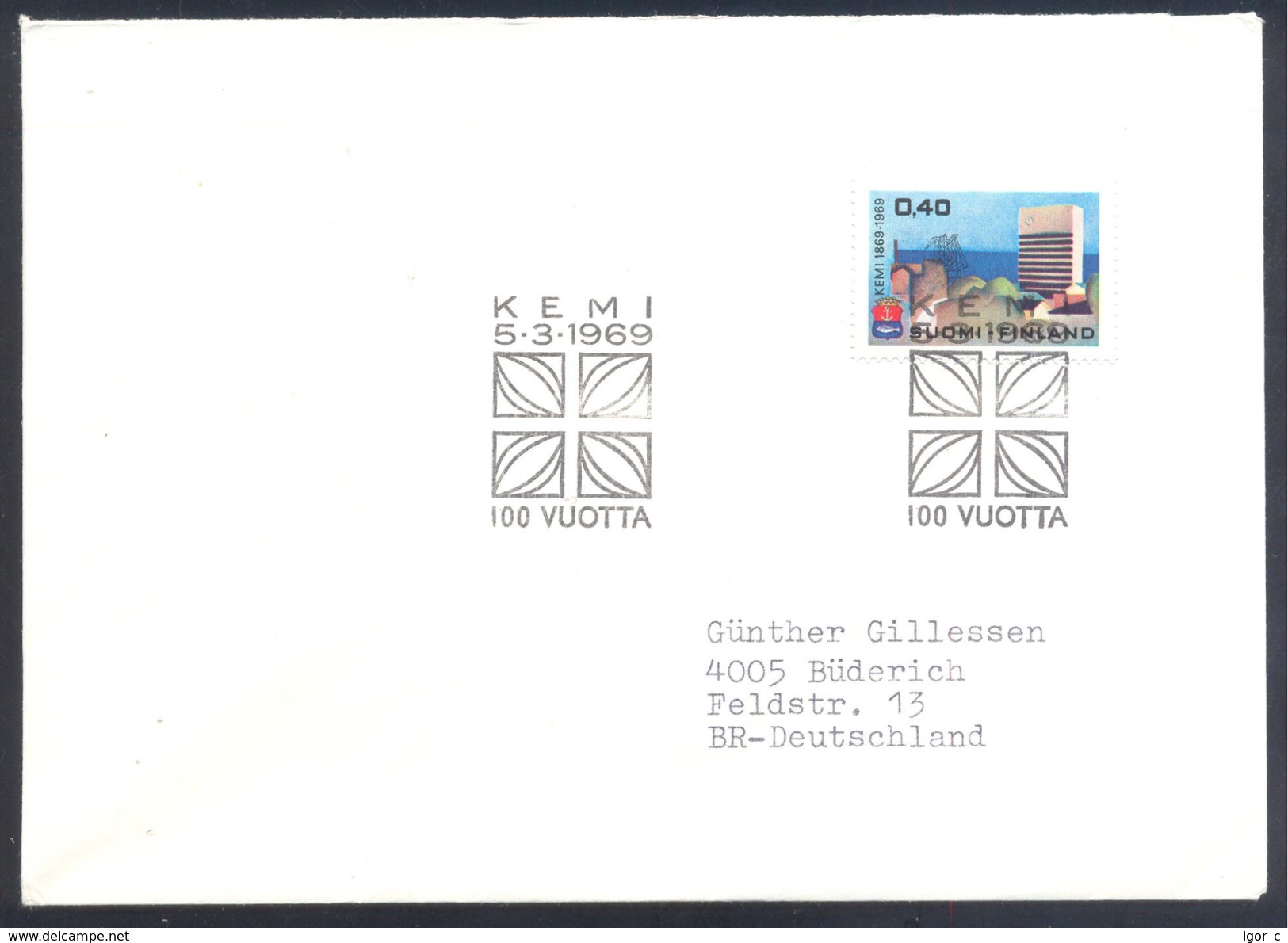 Finland 1969 Cover: 100 Years Of Kemi; Port Stadhouse Hafen - Other & Unclassified