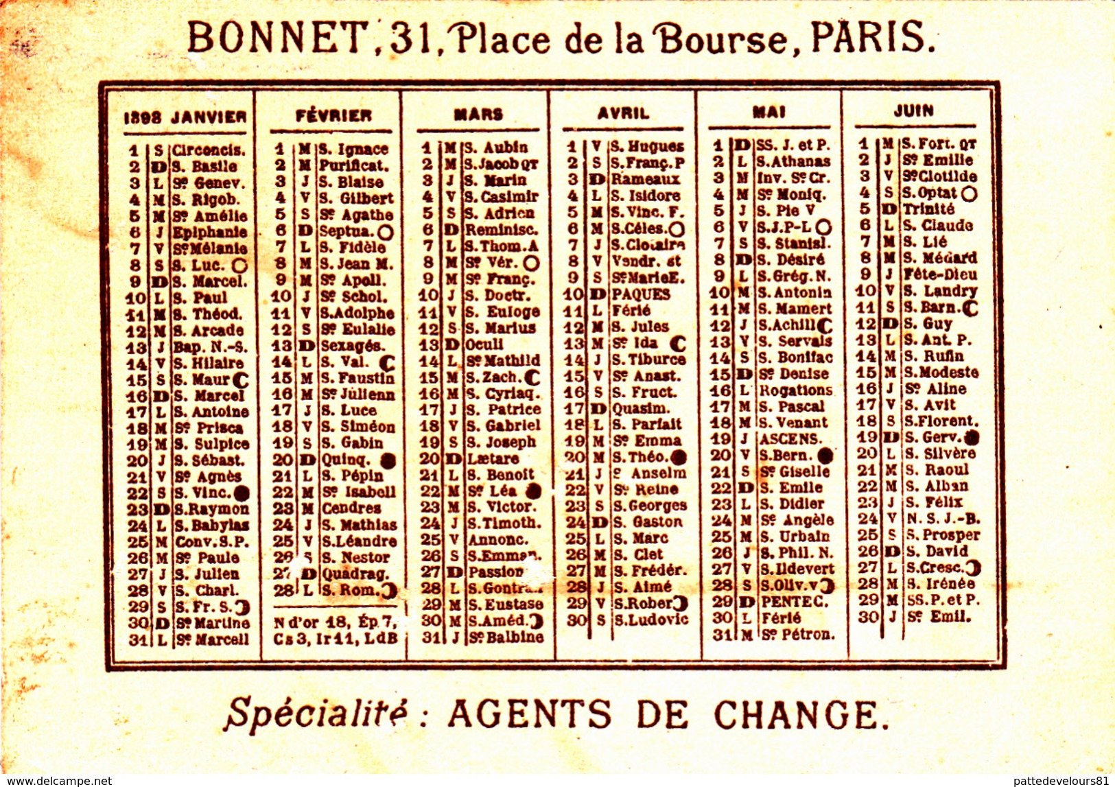 Calendrier De Poche Publicitaire Année 1898 BONNET 31, Place De La Bourse à PARIS Agents De Change (2 Scans) - Petit Format : ...-1900