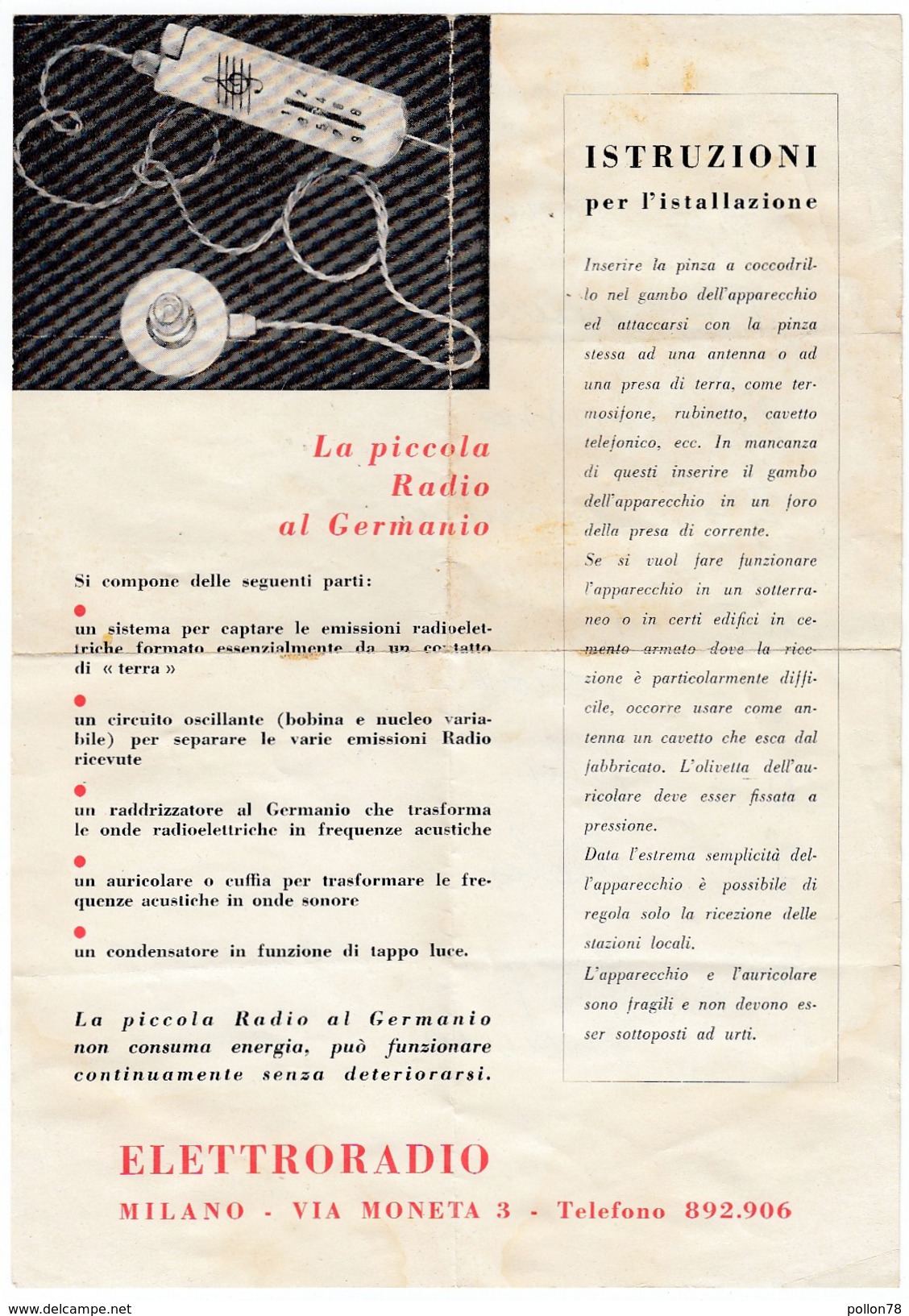 LA PICCOLA RADIO AL GERMANIO - ELTTRORADIO - ISTRUZIONI PER L'INSTALLAZIONE - Vedi Retro - Literature & Schemes