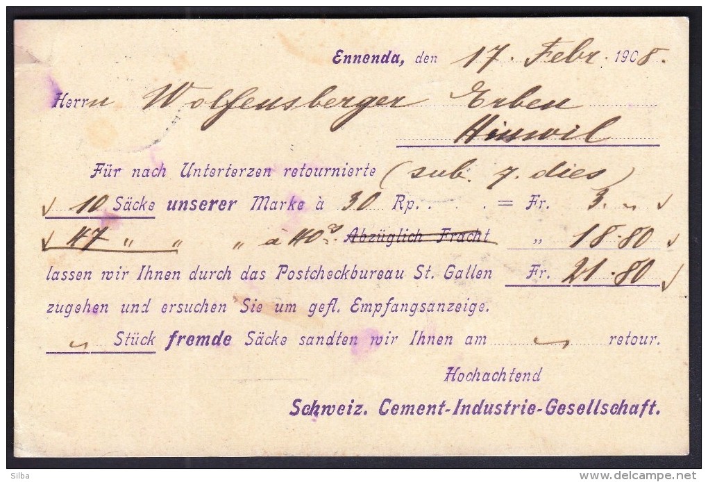 Switzerland Ennenda 17. 2. 1908 / Schweiz. Cement Industrie Gesellschaft / Sent To Hinweil - Usines & Industries