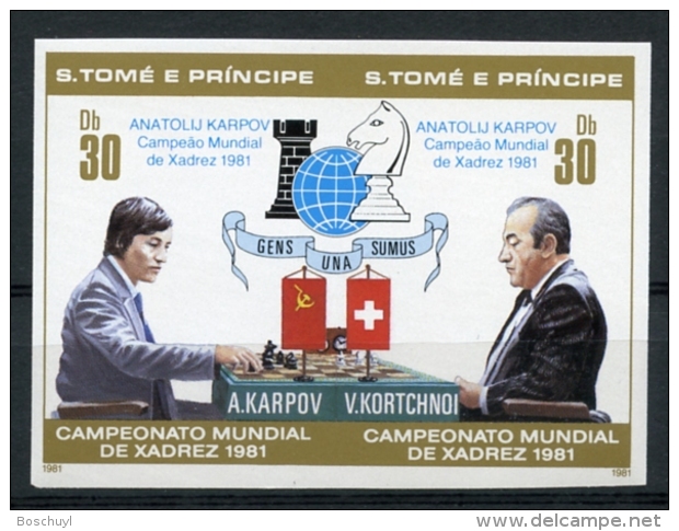 St Thomas And Prince, 1981, Chess, Echec, MNH Imperf Pair, Blue Overprint, Michel 712-13B - Sao Tome En Principe