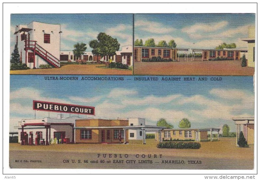 Amarillo Texas, Pueblo Court Lodging Motel Gas Station, C1940s Vintage Curteich Linen Postcard - Amarillo