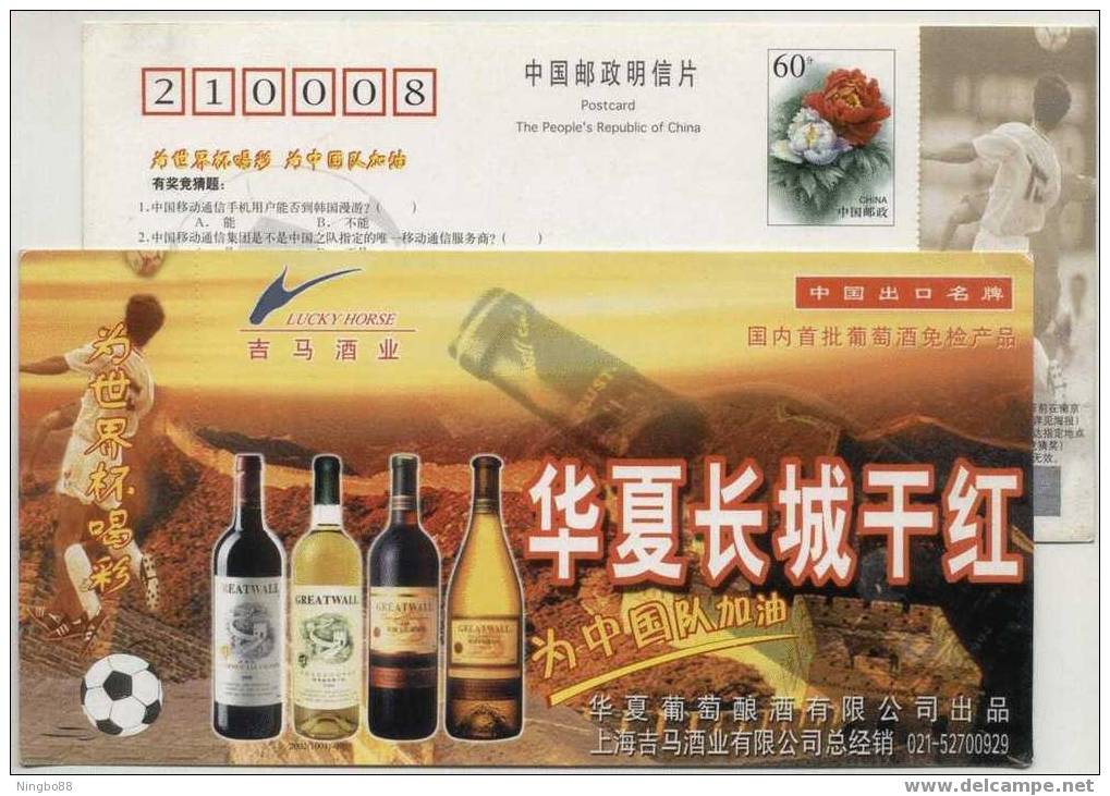 China 2002 Geat Wall Dry Red Wine Advertising Pre-stamped Card Soccer Team World Cup Football - 2002 – Südkorea / Japan