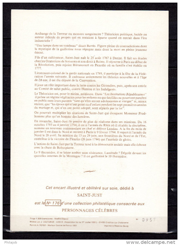 FRANCE 1991 : Encart 1er Jour N°té / Soie Rare (957/1300) Edit° A.M.I.S. : " SAINT JUST ". 2 X N°YT 2703. Parf état. FDC - Franz. Revolution