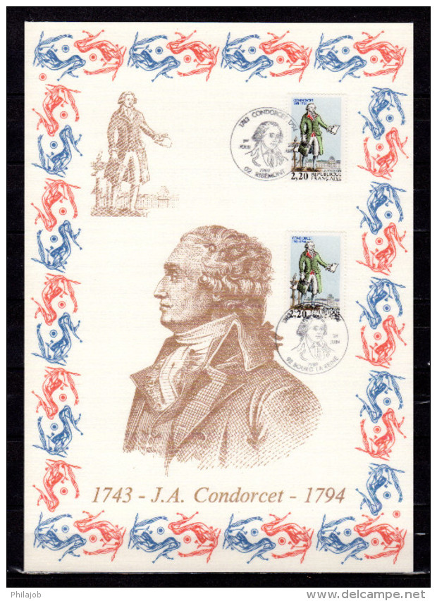 FRANCE 1989 : Encart 1er Jour N°té / Soie Rare (977/1750) Edit° A.M.I.S. : " J.A. CONDORCET ". 2 X N° YT 2592. Parf état - Franz. Revolution