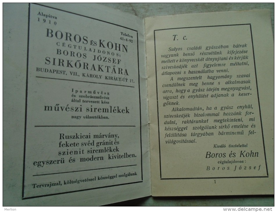 D142134  Small Booklet In Hungarian And Hebrew - Funeral  -Tombs Tombes - Boros & Kohn Judaica Marble Tombstones Ca1920 - Europe