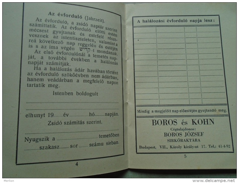 D142134  Small Booklet In Hungarian And Hebrew - Funeral  -Tombs Tombes - Boros & Kohn Judaica Marble Tombstones Ca1920 - Europa