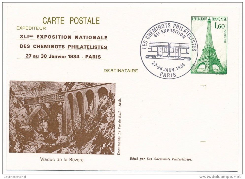 PARIS - CHEMINOTS PHILATELISTES - Entier Repiqué XLIeme Exposition 1984 - Viaduc De La Bevera - Overprinter Postcards (before 1995)