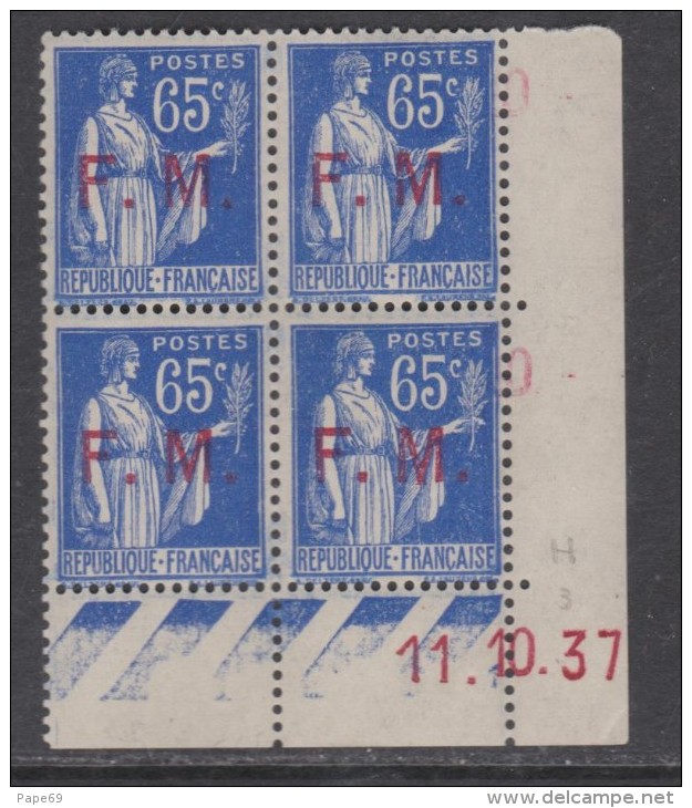 France F. M. N° 8 XX  65 C. Outremer En Bloc De 4 Coin Daté Du 11 . 10 . 37,  Sans Point Blanc, Sans Charnière, TB - Autres & Non Classés