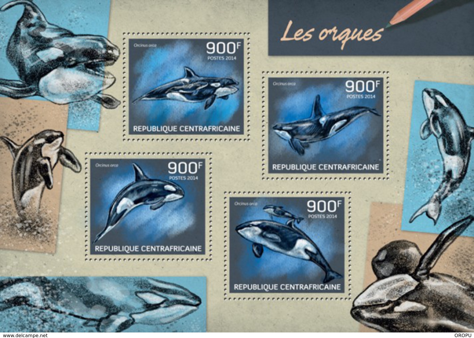 CENTRAL AFRICAN REPUBLIC SHEET. LES ORQUES. KILLER WHALES. ORCAS. 2014. PERFORADO NUEVO. - Centrafricaine (République)