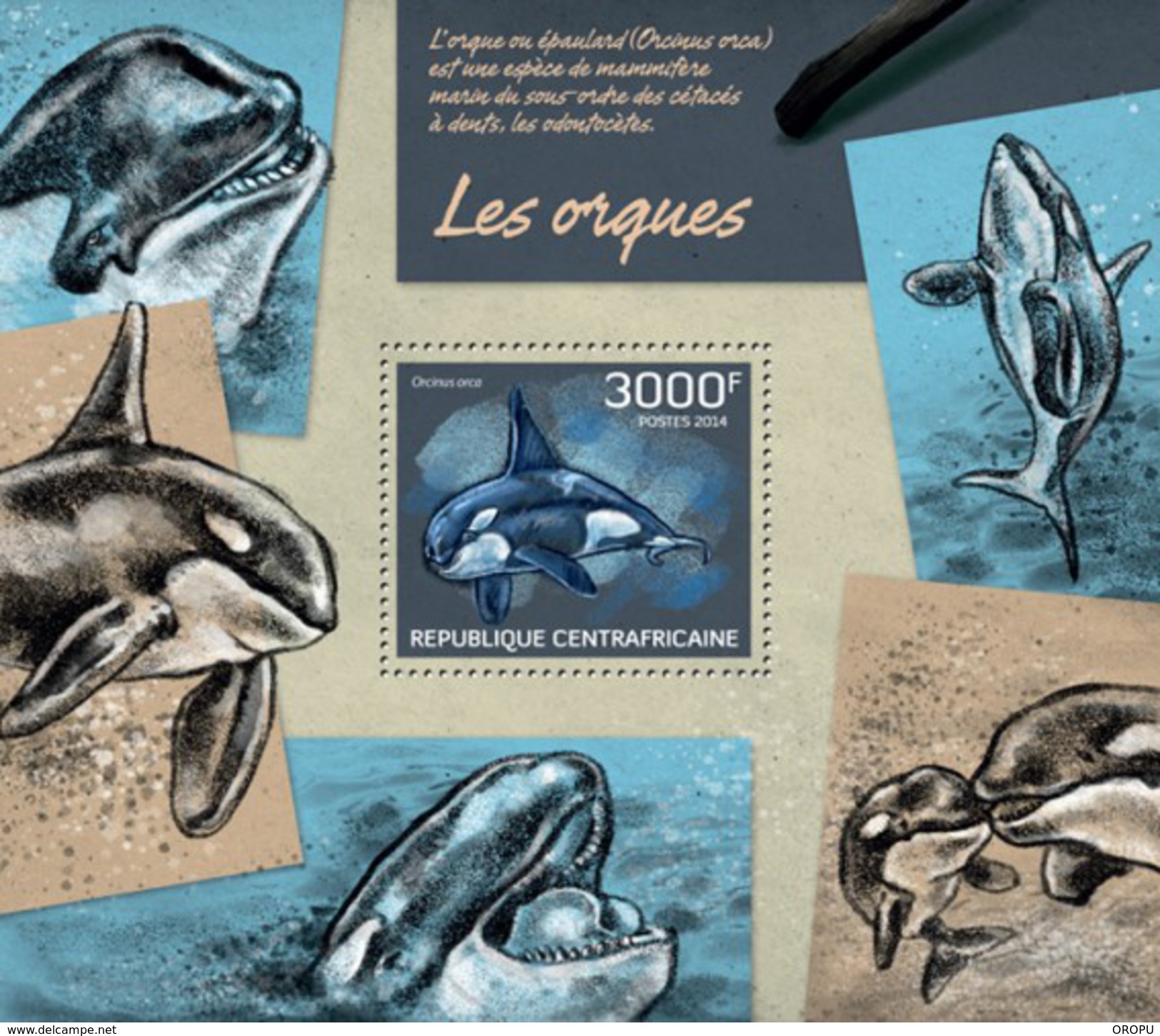 CENTRAL AFRICAN REPUBLIC SHEET. LES ORQUES. KILLER WHALES. ORCAS. 2014. PERFORADO NUEVO. - Repubblica Centroafricana