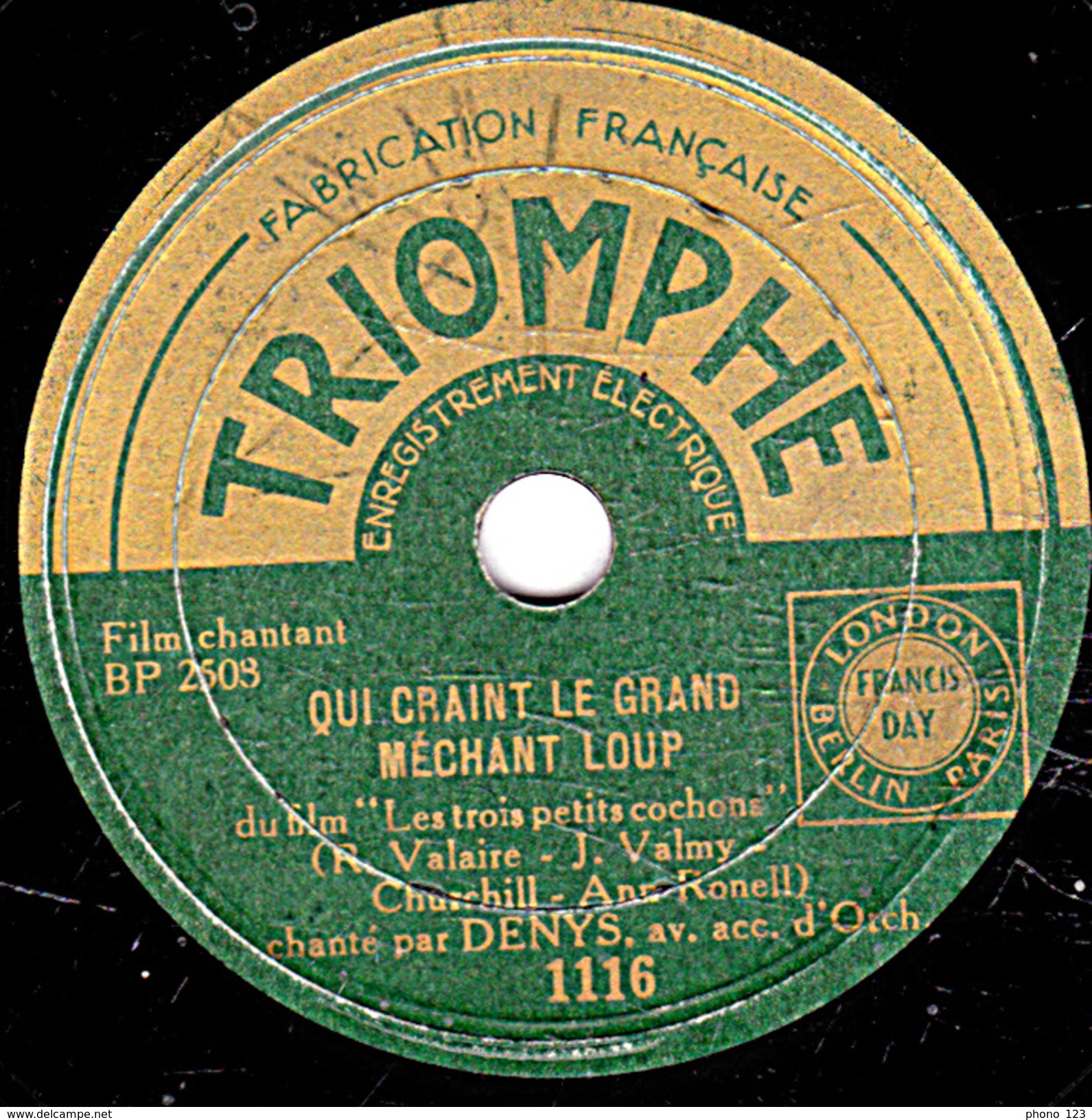 78 T. -  20 Cm - état  B - DENYS - QUI CRAINT LE GRAND MECHANT LOUP - ADIEU - 78 T - Disques Pour Gramophone