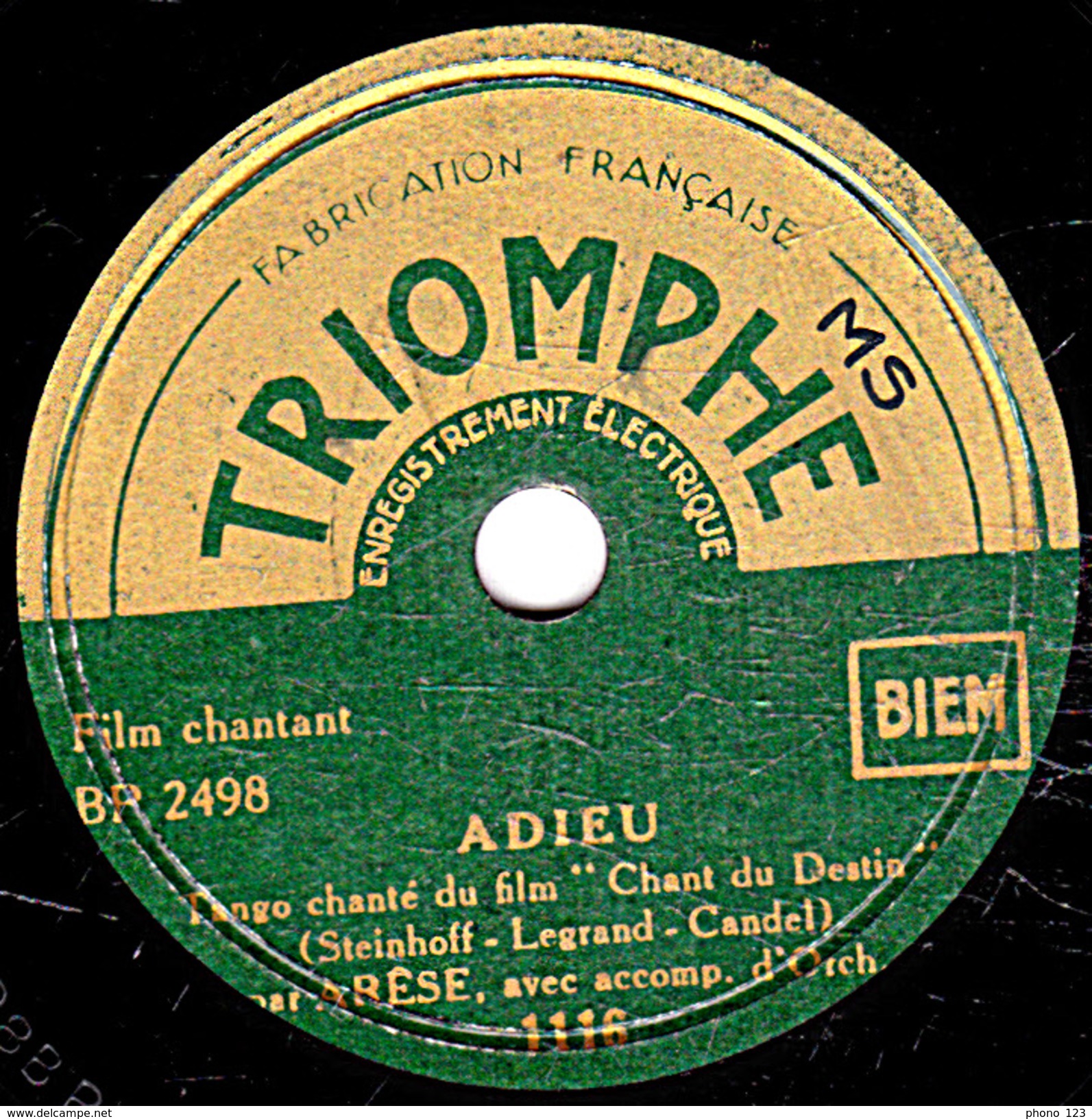 78 T. -  20 Cm - état  B - DENYS - QUI CRAINT LE GRAND MECHANT LOUP - ADIEU - 78 T - Disques Pour Gramophone