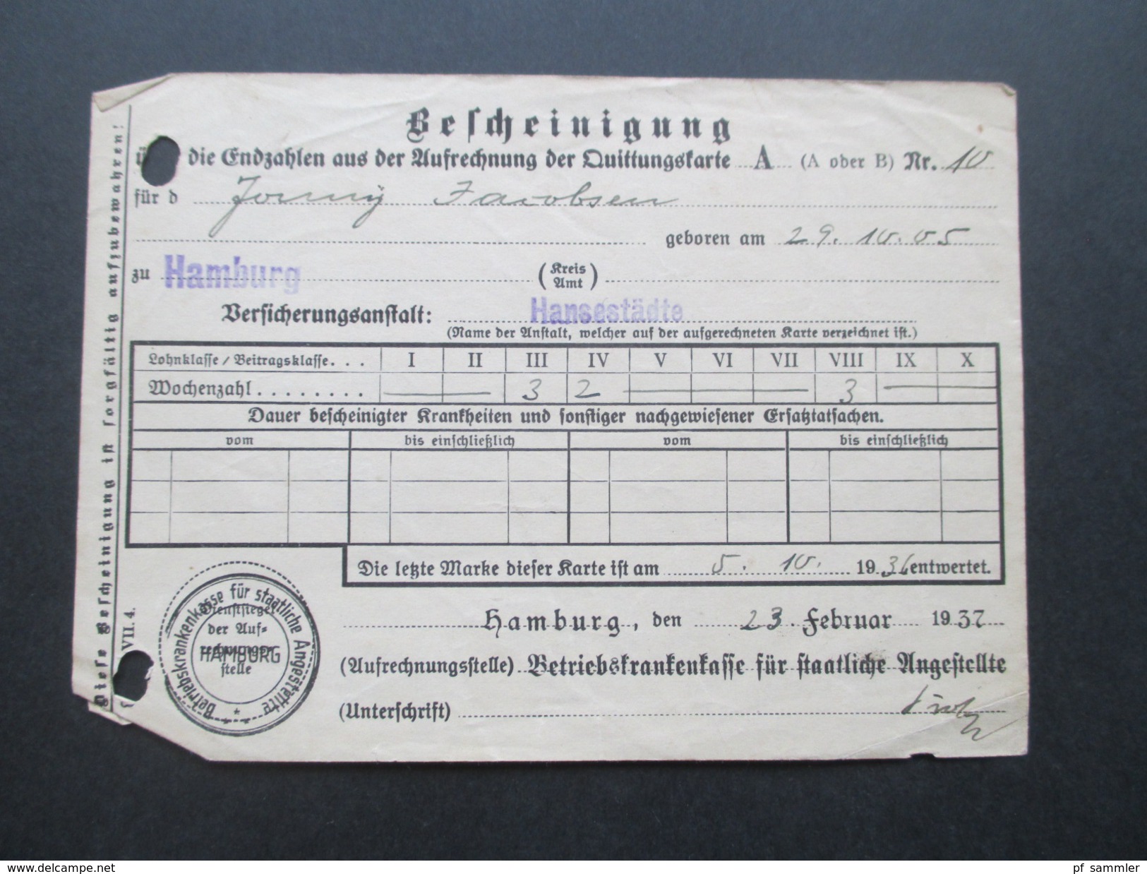 Deutsches Reich 1937 Bescheinigung / Quittungskarte Versicherungsanstalt Hansestädte Betriebskrankenkasse Staatl. Angest - Unclassified