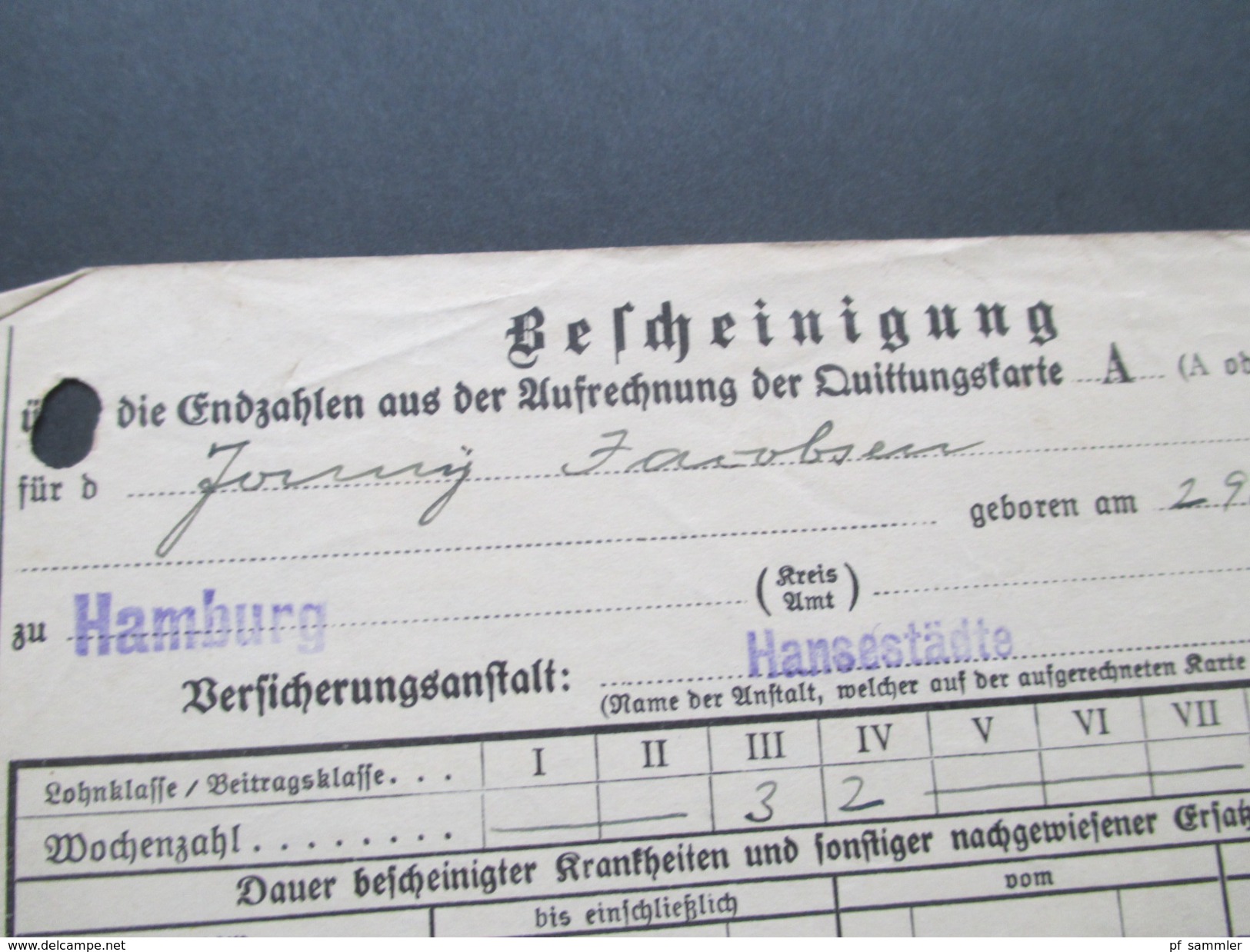 Deutsches Reich 1937 Bescheinigung / Quittungskarte Versicherungsanstalt Hansestädte Betriebskrankenkasse Staatl. Angest - Unclassified