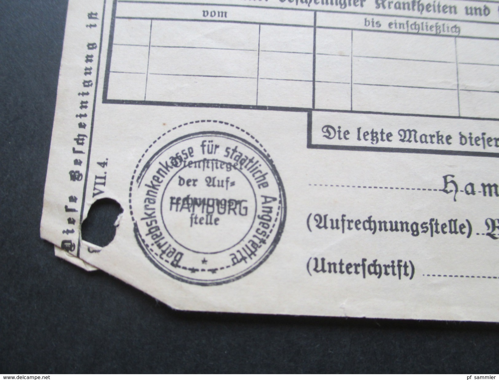 Deutsches Reich 1937 Bescheinigung / Quittungskarte Versicherungsanstalt Hansestädte Betriebskrankenkasse Staatl. Angest - Sin Clasificación