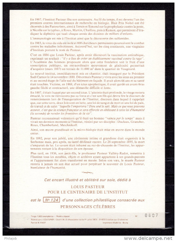 FRANCE 1987 : Encart 1er Jour N°té / Soie Rare (807/1500) Edit° A.M.I.S." LOUIS PASTEUR ". 2 X N°YT 2496. Parf état. FDC - Louis Pasteur