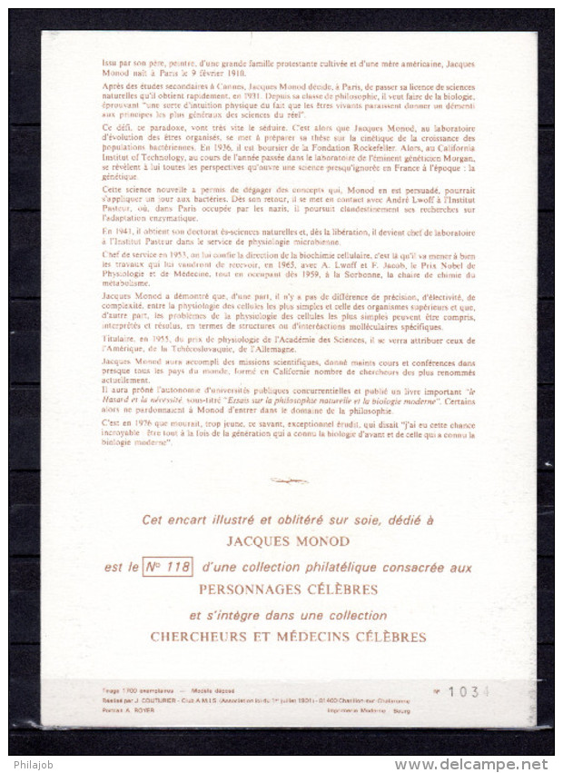 FRANCE 1987 : Encart 1er Jour N°té / Soie Rare (1034/1700) Edit° A.M.I.S." JACQUES MONOD ". N° YT 2459. Parf état. FDC - Medicina