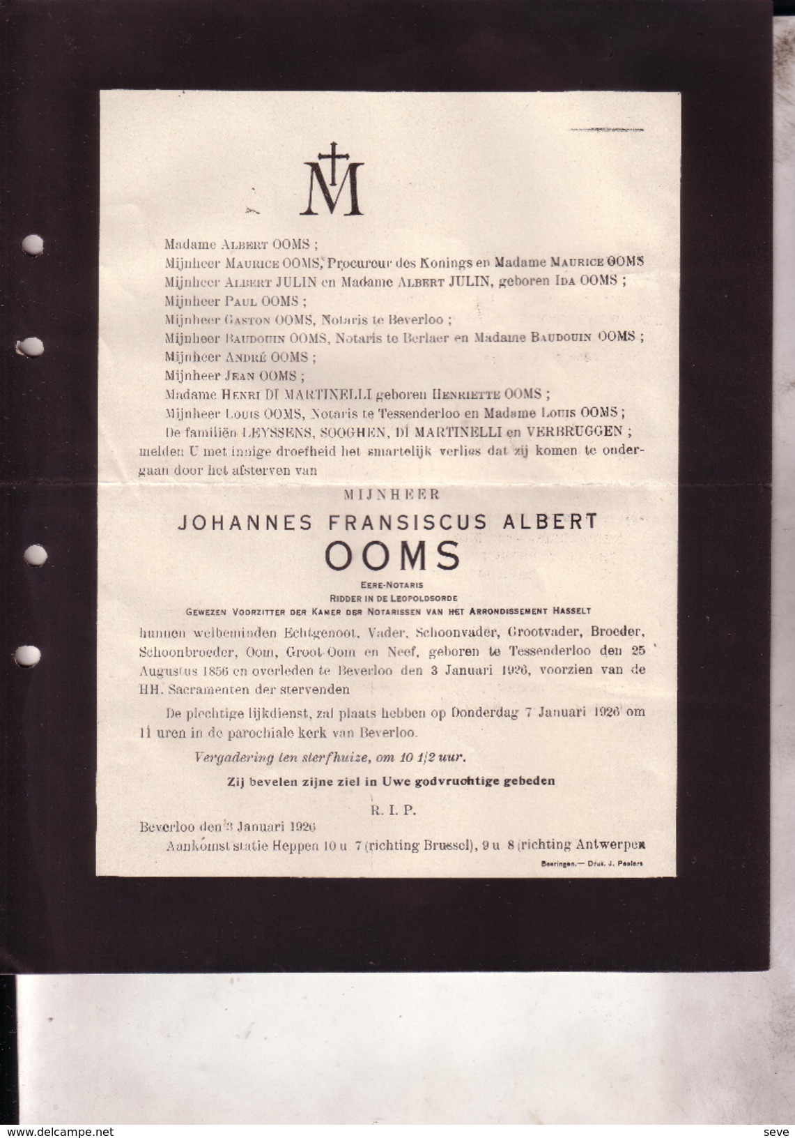 TESSENDERLOO TESSENDERLO BEVERLOO Johannes OOMS Eere-notaris 1856-1926 Doodsbrief - Décès