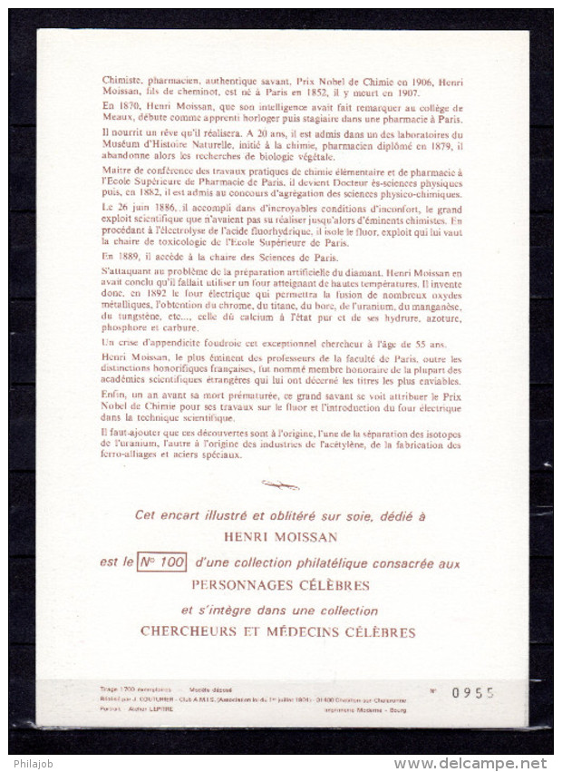 FRANCE 1986 : Encart 1er Jour N°té / Soie Rare (955/1700) Edit° A.M.I.S. " HENRI MOISSAN ". N° YT 2397. Parf état. FDC - Nobelpreisträger