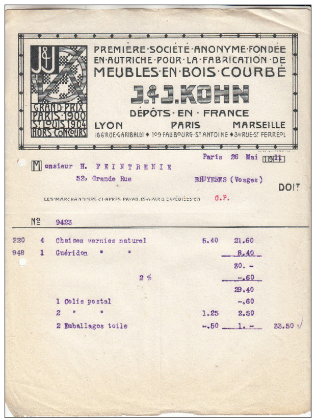 J & J Kohn-meubles En Bois Courbé-paris Mai 1911-(état) - Other & Unclassified