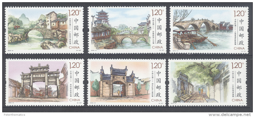 CHINA, 2016, MNH, ANCIENT TOWNS, BRIDGES, BOATS, TREES, GATES, 6v - Bridges