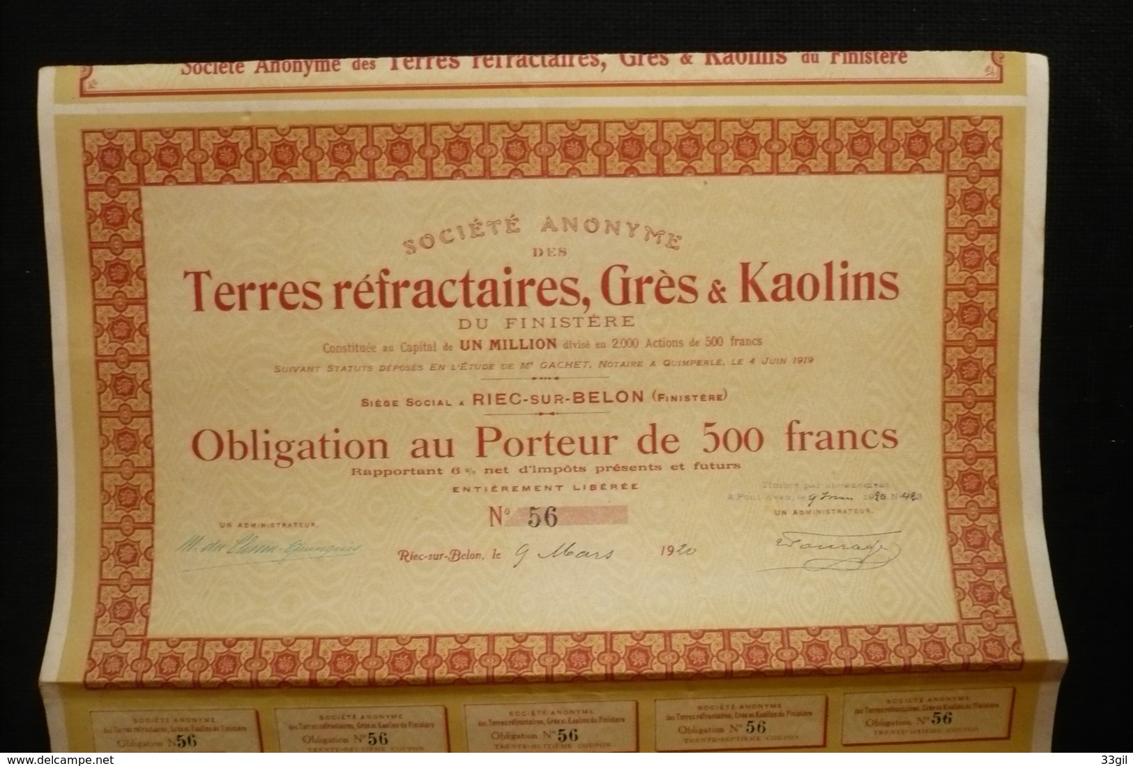 Obligation 500fr Terres Réfractaires Grès Kaolins Riec Sur Belon Bretagne 1920 - Mines