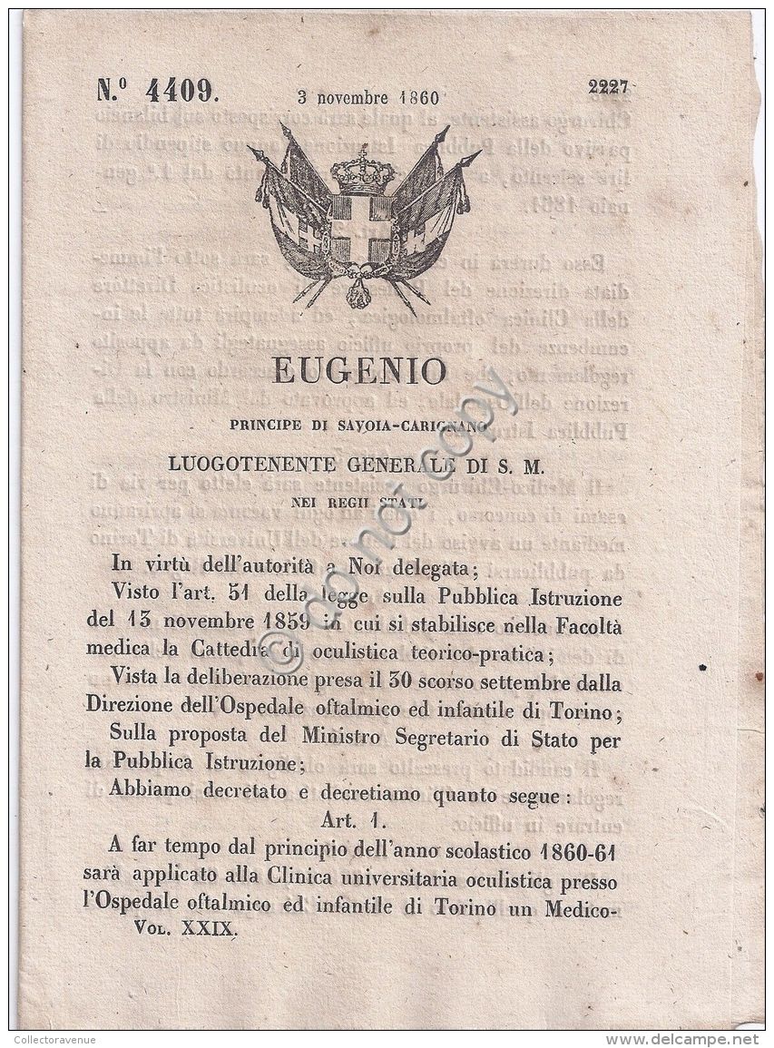 Regio Decreto 1860  Eugenio Ospedale Oftalmico Di Torino 4409 - Ohne Zuordnung