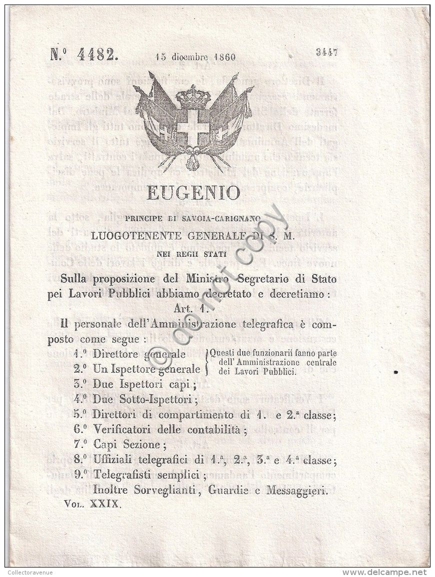 Regio Decreto 1860  Eugenio  Personale Amministrazione Telegrafica N.4482 - Non Classificati