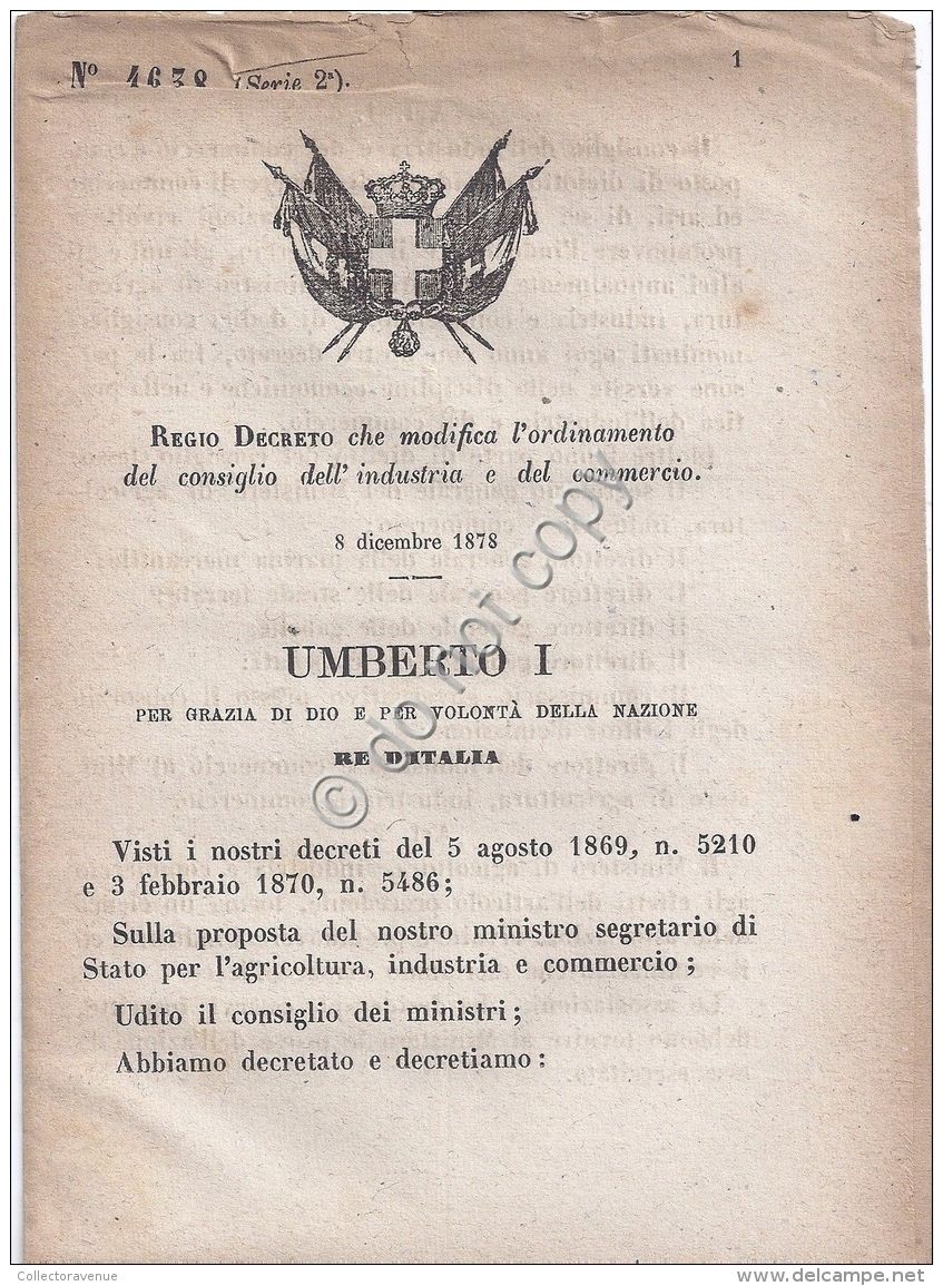 Regio Decreto 1879  Umberto I Ordinamento Consiglio Industria E Commercio 4638 - Non Classificati