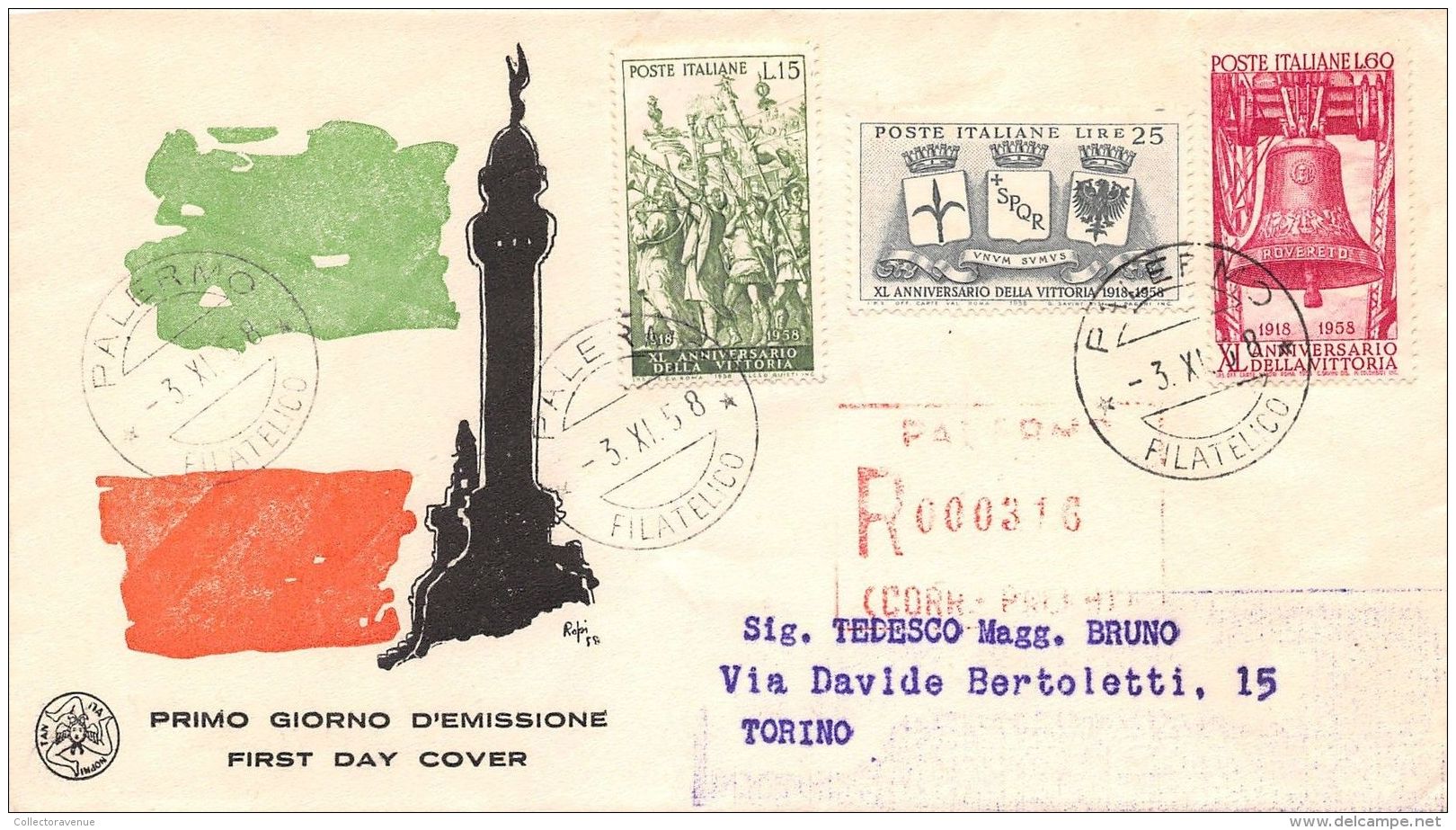 FDC Saniaf - Italia 1958 - 40? Anniversario Della Vittoria - Raccomandata Viagg. - FDC