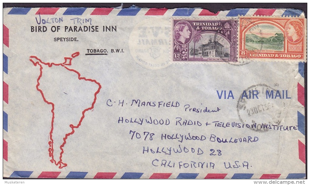 Trinidad & Tobago Air Mail BIRD OF PARADISE INN Registered Einschreiben SPEYSIDE Tobago 1956 Cover Brief HOLLYWOOD RADIO - Trinidad & Tobago (...-1961)