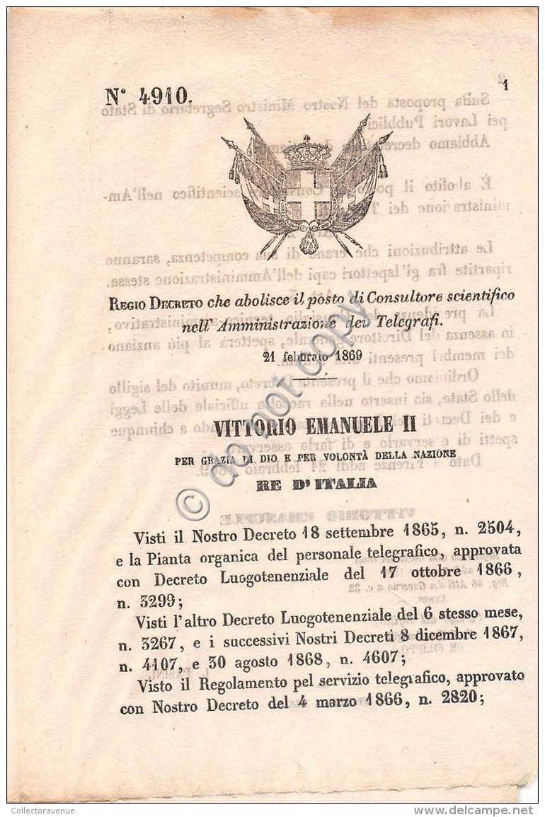 Regio Decreto 1869 Consultore Scientifico Amministrazione Telegrafi 4911 - Non Classificati