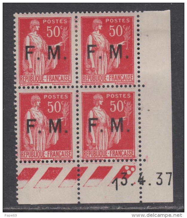 France F. M. N° 7 X  Type Paix 50 C. Rose-rouge En Bloc De 4 Coin Daté Du 13 . 4 . 37, 3 Pts Blancs, Trace Ch., SinonTB - Autres & Non Classés