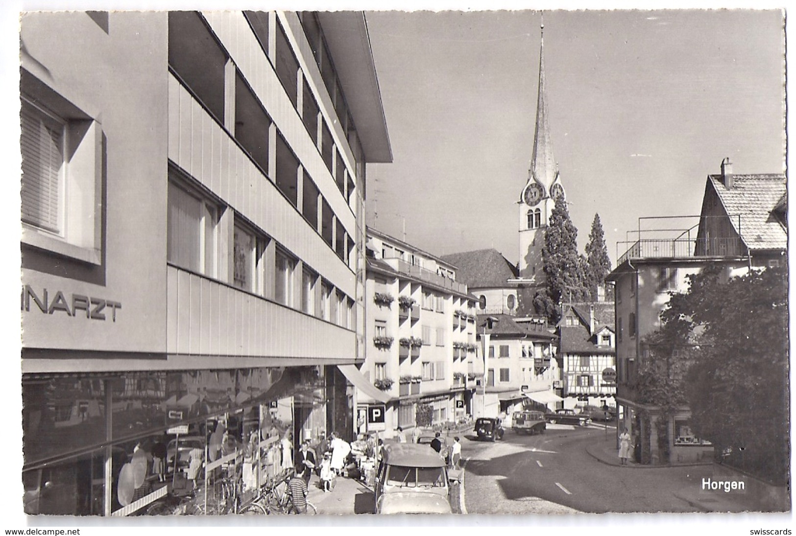 HORGEN: Dorfpasse Mit Vielen Geschäften, Oldtimern, Zahnarzt - Foto-AK ~1950 - Dorf