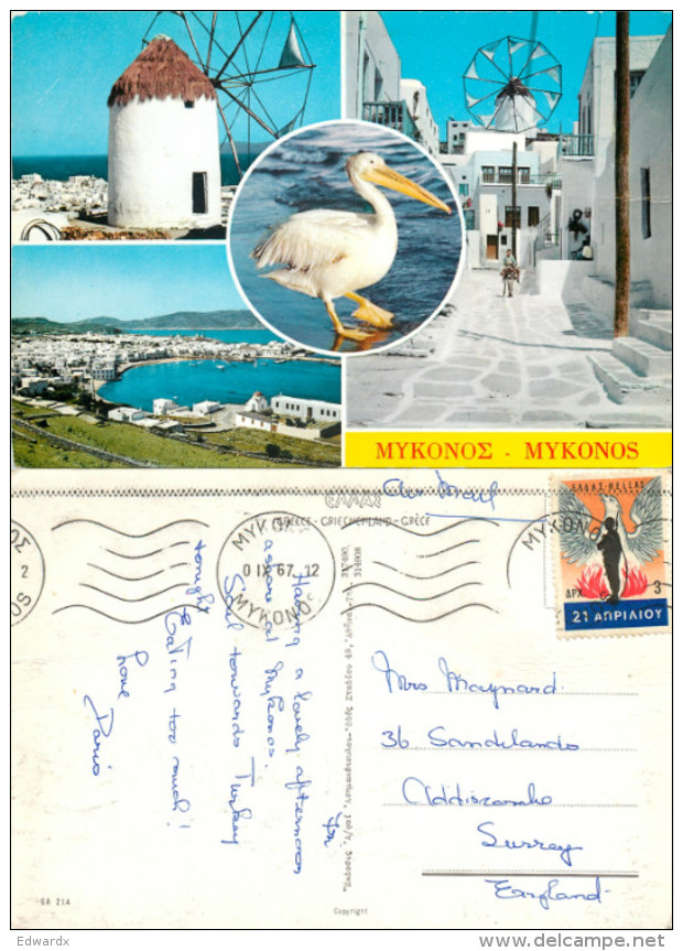 Mykonos, Greece Postcard Posted 1967 Stamp - Grèce