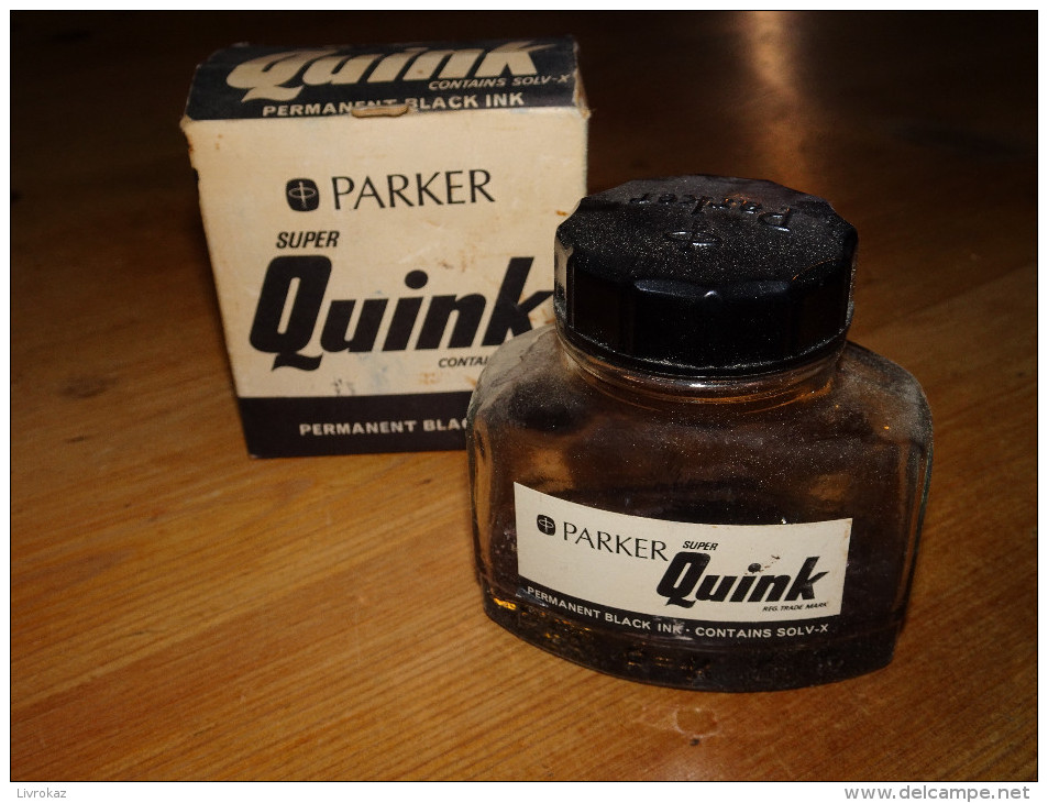 Flacon D'encre Noire, Permanent Black Ink, PARKER Super Quink, Contains Solv-x, Flacon Vide, Etat D'usage - Encriers