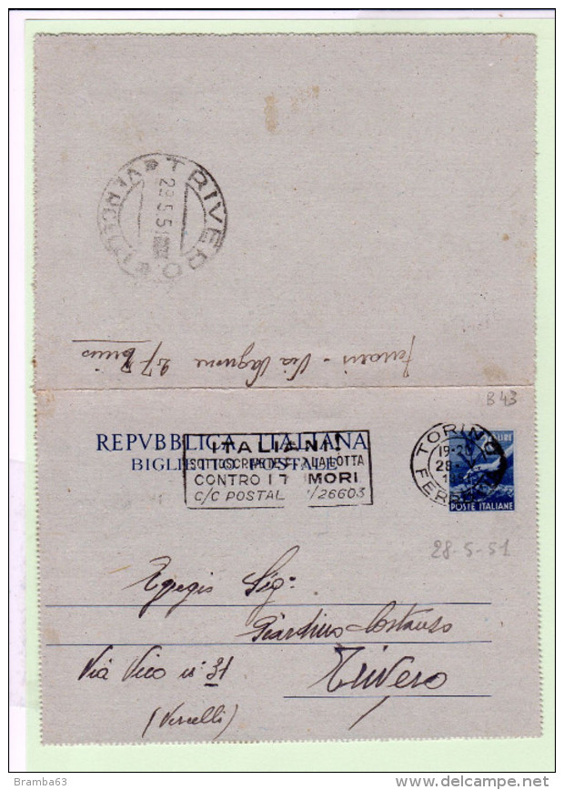 Biglietto Postale 20 Lire Blu  B43  1951 - Torino Trivero - Interi Postali