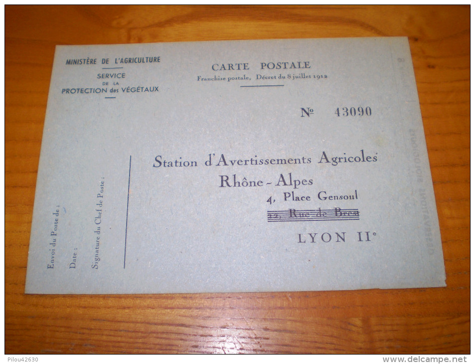 Carte Commerciale Numérotée Du Ministère De L'Agriculture, Protection Des Végétaux,station D'avertissements Lyon.  FP - Autres & Non Classés