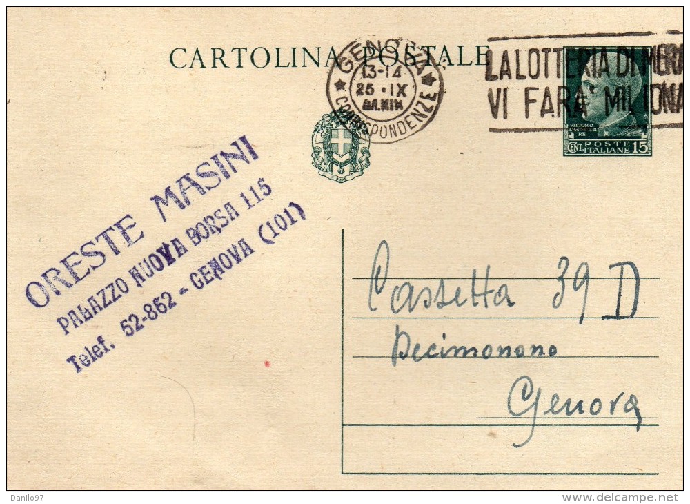 1941  CARTOLINA CON ANNULLO GENOVA +  TARGHETTA LA LOTTERIA DI MERANO - Interi Postali