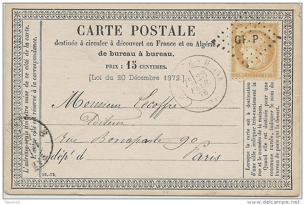 CTN45C - CPO MOD. 18 MORTAGNE /  PARIS 28/2/1876 - Cartes Précurseurs