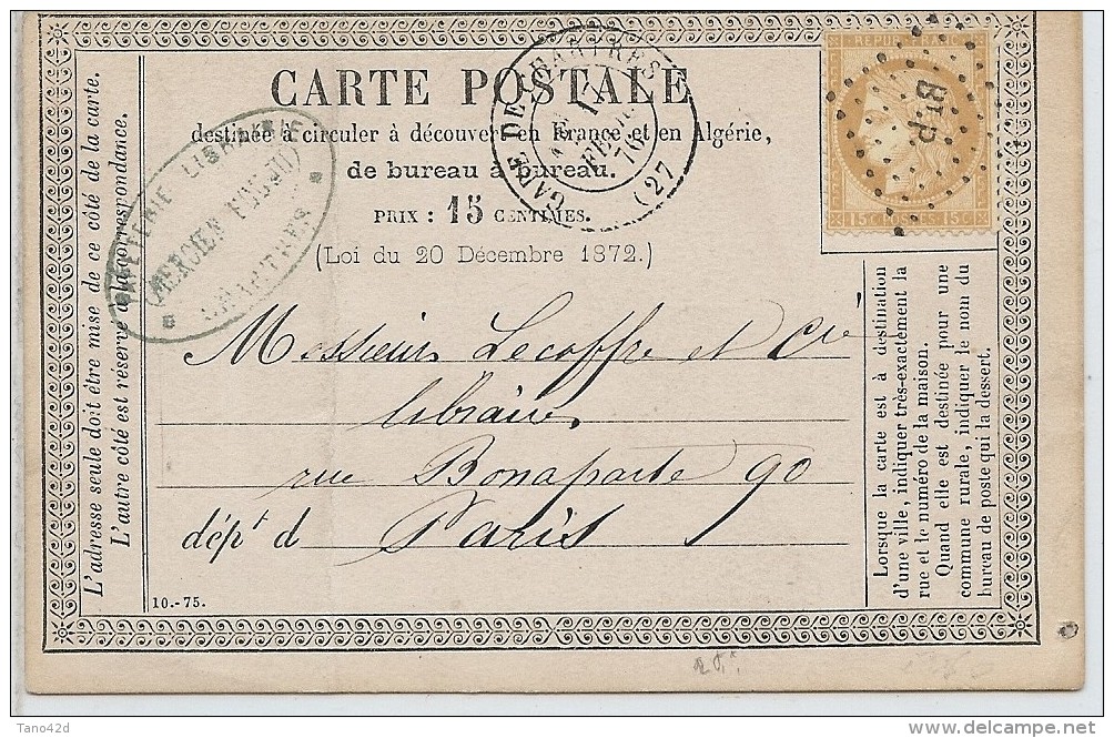 CTN45C - CPO MOD. 18 CHARTRES /  PARIS 16/2/1876 - Cartes Précurseurs